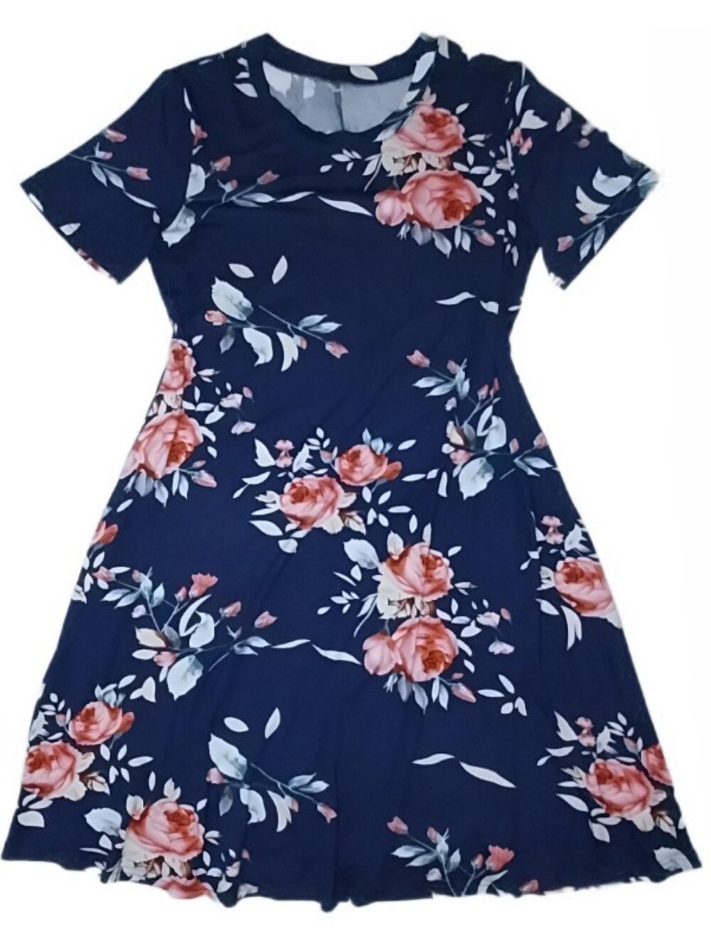 Navy Blue Scoop Neck Short Sleeved A-line Stretch Midi Dress Summer Work Sz M